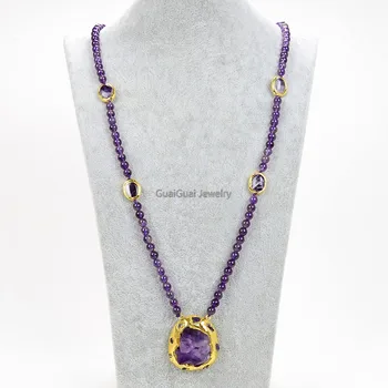 

GG Jewelry Natural 35" 46x50MM Purple Amethyst Druzy Gold Plated Pendant Long Necklace