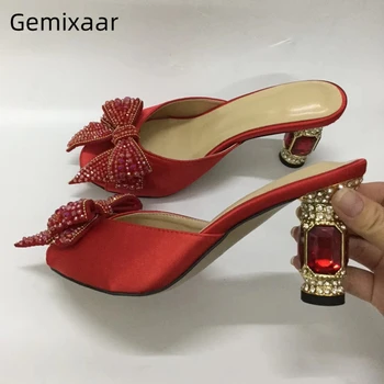 

Red Crystal Butterfly-knot Outwear Shoes Woman Luxury Jeweled Diamond Ruby Heel Satin Open Toe Rhinestone Heel Slippers Women