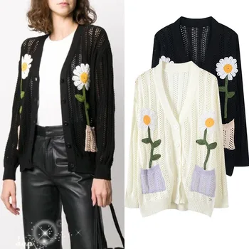 

2020 Summer Spring Women Sweater Single Breasted Long Sleeve Cardigans Embroidery Knitted Hollow Out Flower Korean Loose Coat