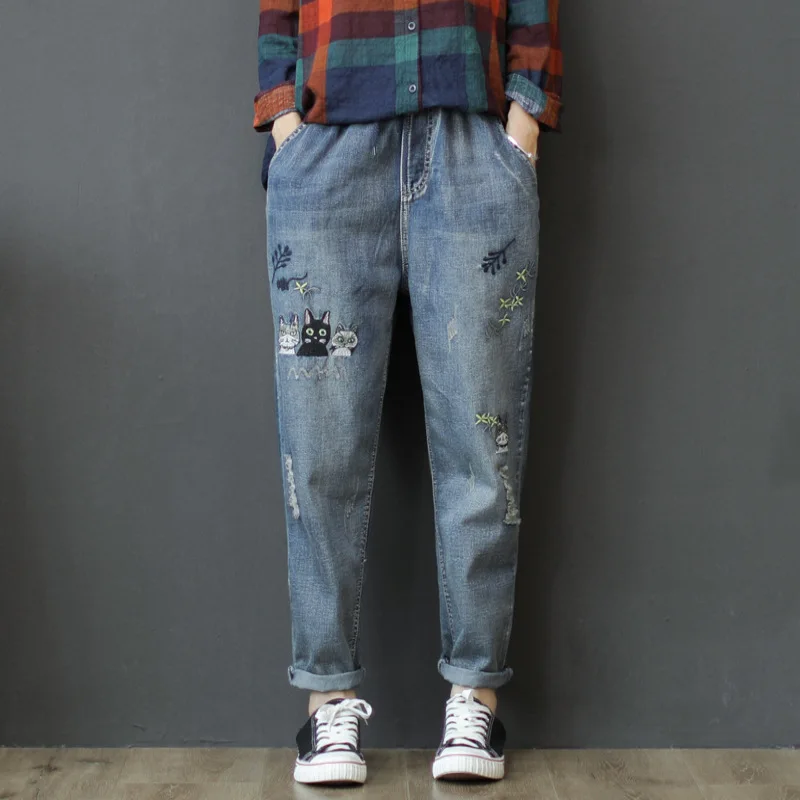 Loose Jeans Harem-Pants Embroidery Elastic-Waist Office Fashion Spring Vintage Korea-Style
