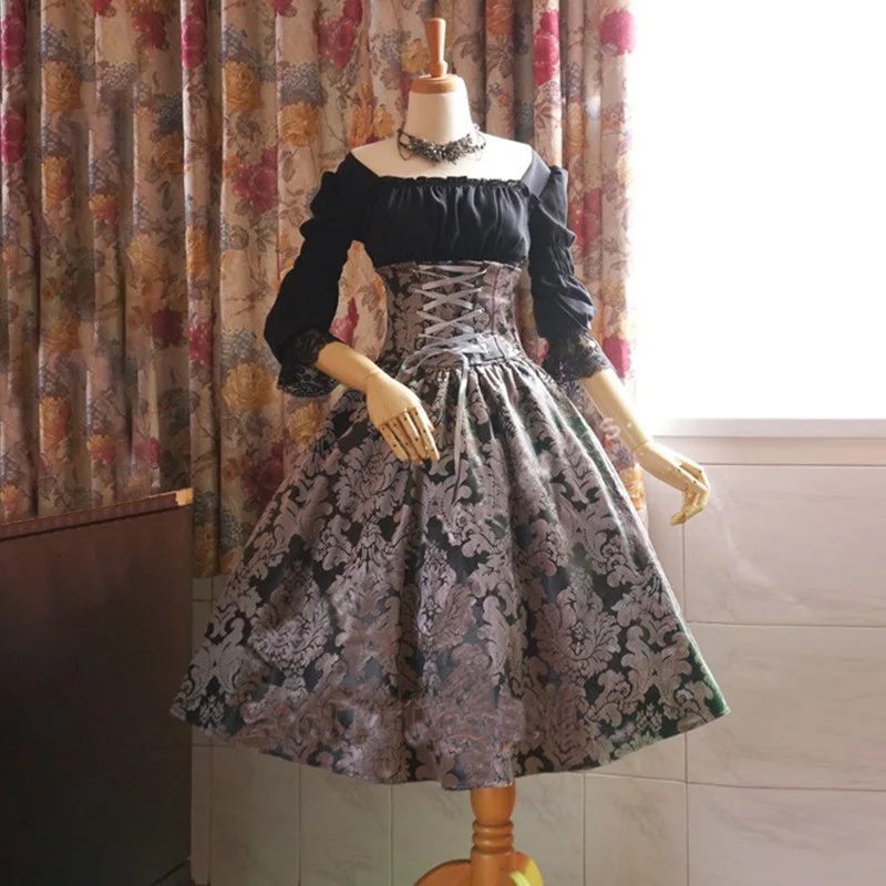 Платье Лолиты для женщин, косплей, винтажное, готическое, Корт, квадратный воротник, пэчворк, платье принцессы - Цвет: Серый