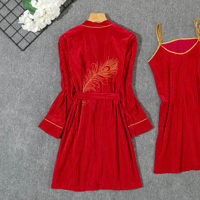 Autumn Winter Warm 3 Pieces Pajamas Set Sexy Pajamas Sleepwear For Women Feather embroidery Strap Nightwear Long Pant Robe