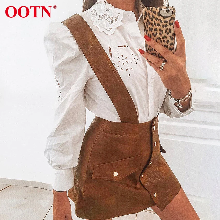OOTN, коричневая мини-юбка из искусственной кожи, женская короткая трапециевидная юбка с высокой талией, модная женская Повседневная однобортная юбка