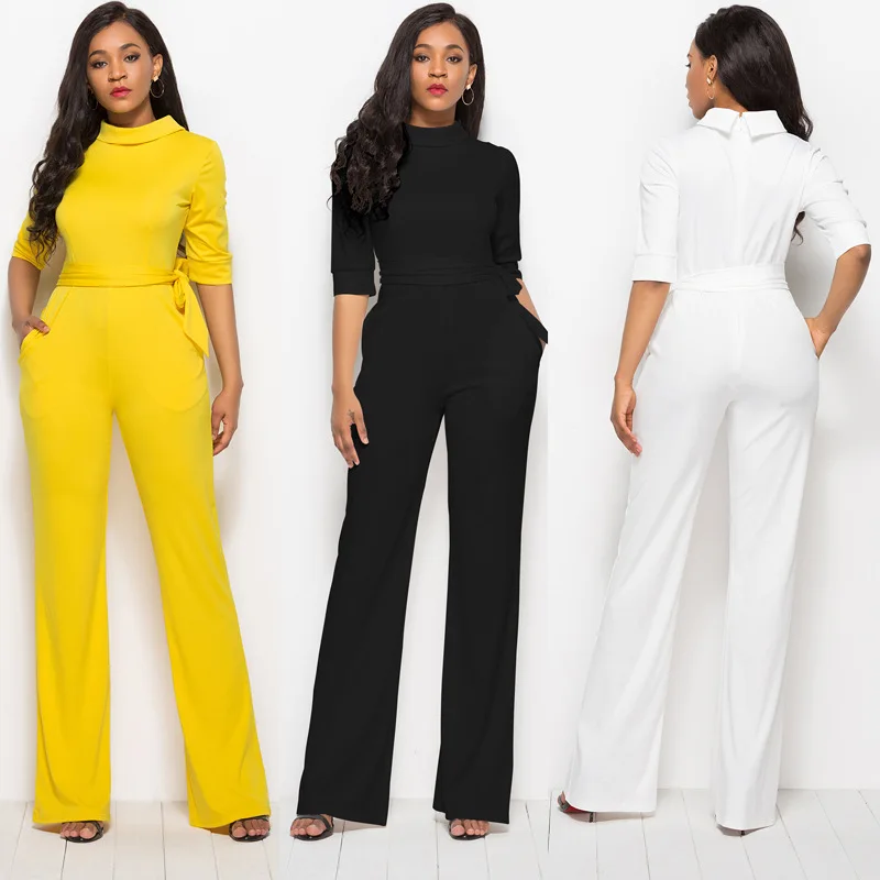 

Classic Women's One Piece Sexy Temperament Solid Color Five Quarter Sleeves Stand Up Collar Polyester One Piece Wide Leg Pants