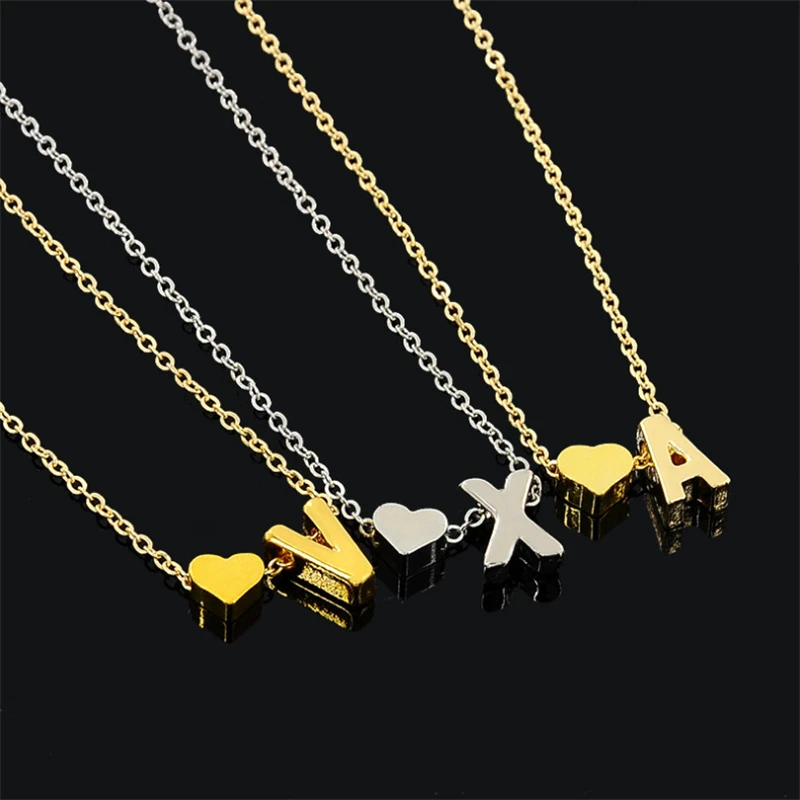 Two Color Mash Up ! 20 PCS/lot Fashion Tiny Heart Dainty 26 Initial A-Z Letter Name Necklace Choker For Women Girl Jewelry