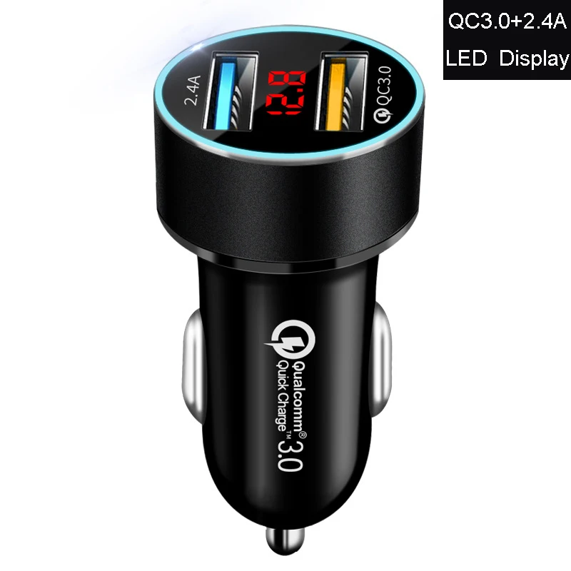 3.1A Dual USB Car Charger Quick Charge for Xiaomi Samsung iPhone 11 Tablet With LED Display Universal Mobile Phone Car-Charger - Название цвета: Black-QC3.0