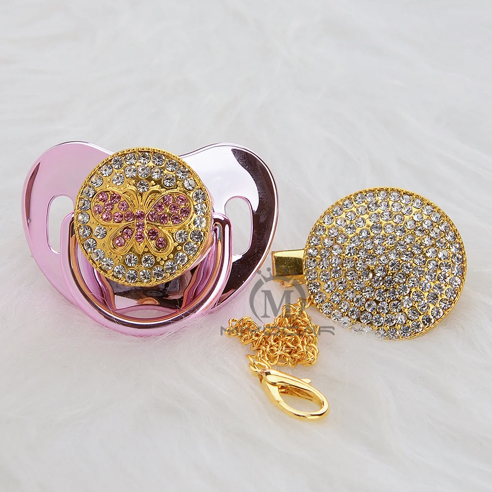 

BLING Silver pink bling butterfly Bling pacifier and clip set pacifier chain holder pacifier unique design APBF-11