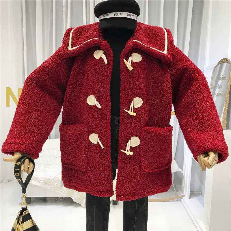 

2019 Winter Thick Fleece Jackets Turn-down Collar Horn Button High Street Wide-waisted Japanese Streetwear England Style Coats