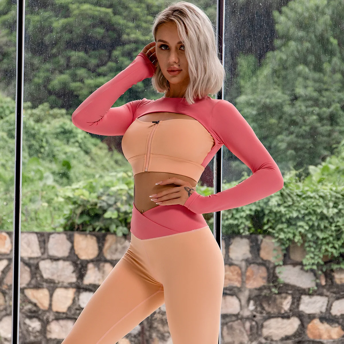 Panelled Seamless Naked Workout Set Crossover Leggings Women Long Sleeve Running Crop Tops Yoga Shirt High Waist Running Tights fleece leggings