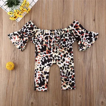 

1-4T Infant Baby Girls Leopard Print Rompers Off Shoulder Flare Long Sleeve One-Necked Romper For Girls Jumpsuits Kids Clothes
