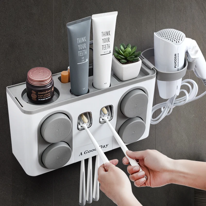 

Bathroom Set Accessories Toothbrush Holder Automatic Toothpaste Dispenser Suction Cup Wall Mount Bathroom Storage Box