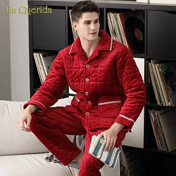 

New Men's Pajamas Winter Thick Cardigan Jacket 3 Layer Padded Embossing Pattern Warm Home Winter Long Sleeve Christmas Red Suit