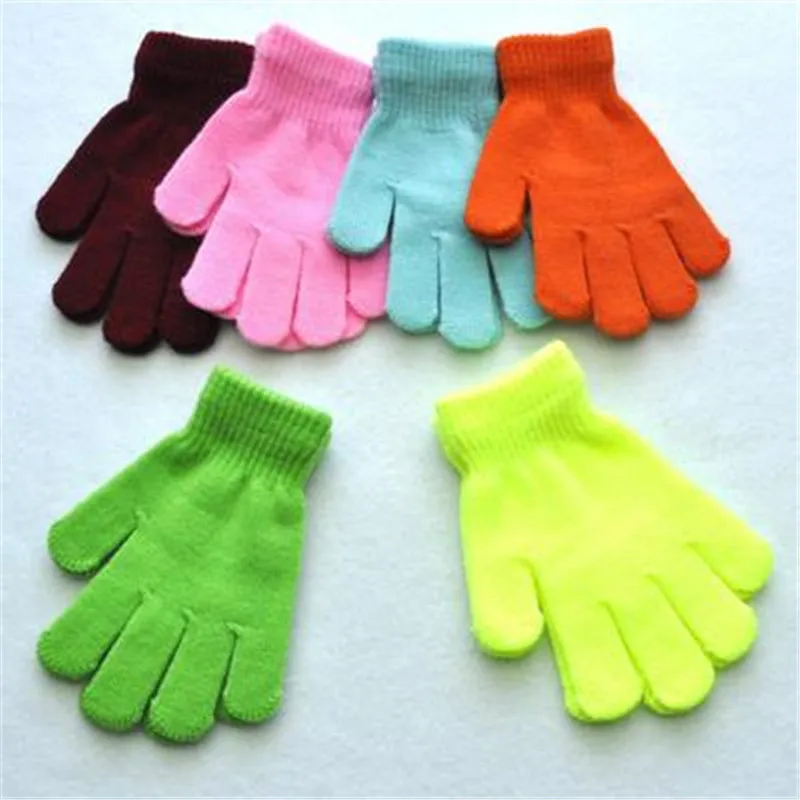 Теплые зимние перчатки на палец для детей милые однотонные шерстяные вязаные эластичные перчатки Модные аксессуары-QSD