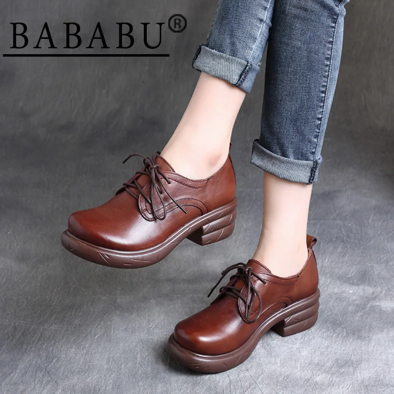

2019 autumn new retro leather waterproof platform thick with lace in the thick bottom deep mouth women's shoes