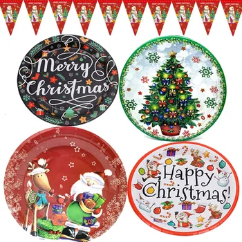 

Happy Christmas Tableware Santa Claus Elk Xmas Tree Merry Christmas Party Decor Napkin Paper Plate Straws Happy Brithday Banner