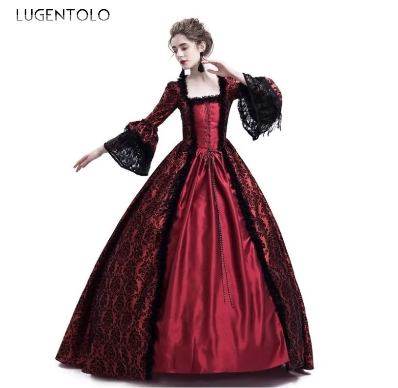Lugentolo, женское платье среднего возраста, винтажное, Дворцовое, кружевное, с большими расклешенными рукавами, большие качели, вечерние, вечерние, приталенные, женские платья