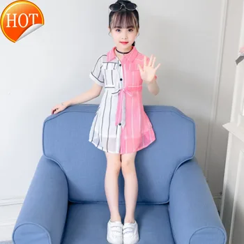 

New Girls Dress Patchwork Striped Kids Dresses For Girls Turn Down Collar Shirt Dress Kids Autumn Novelty Dress For Girls Party