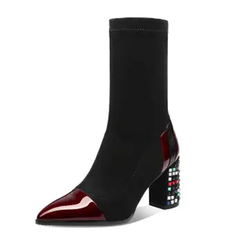 

Female Genuine Cow Leather Woman Pointed Toe Shoes Handmade Ankle Black Boots Rubber High Heels Handmade Riding Normal Size