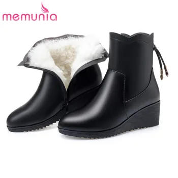

MEMUNIA 2020 hot sale genuine leather ankle boots women zip natural sheep wool snow boots round toe winter wedges shoes woman