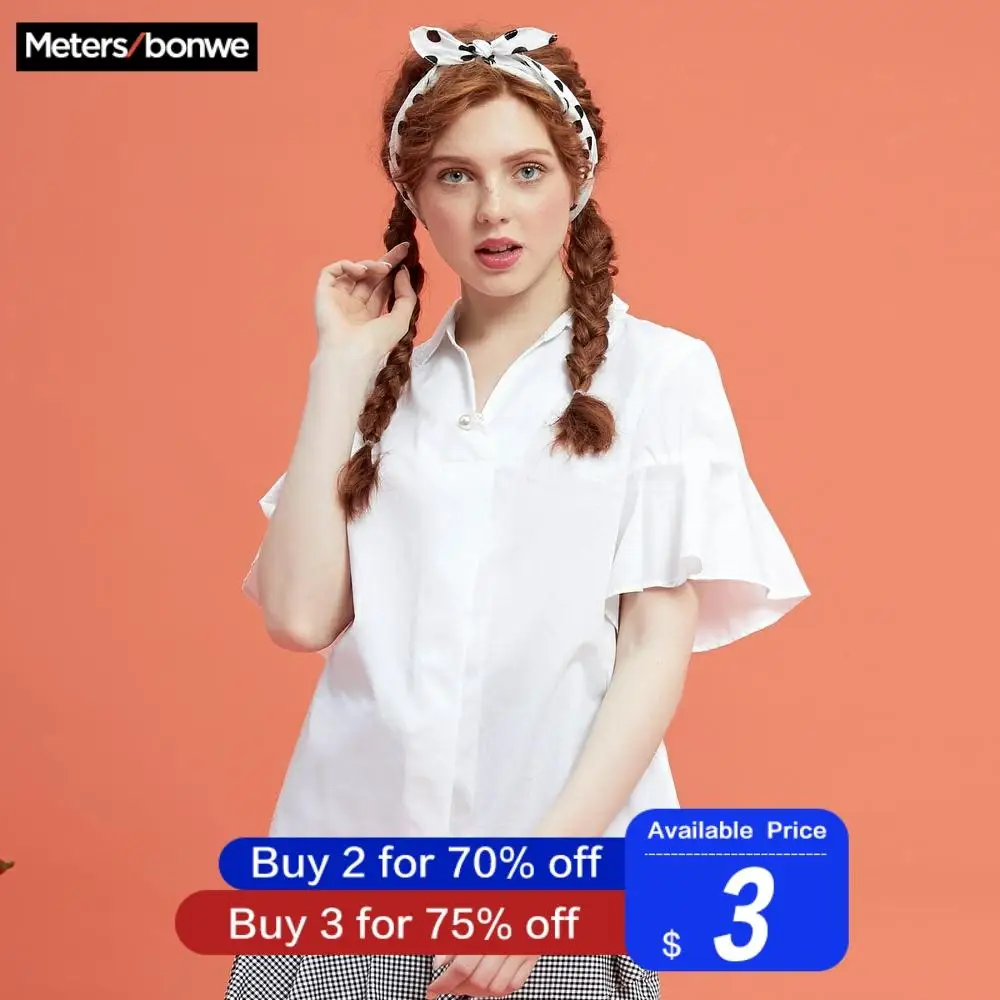 

Metersbonwe Brand Short sleeve Shirts Female New Summer Ruffled short sleeves Blouse Good Quality Blended Blouses White Tops