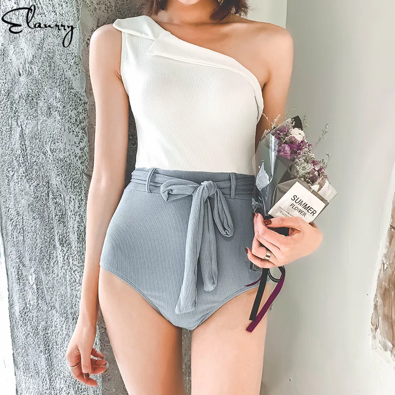 

Women One Piece Swimsuit Patchwork Bandage One Shoulder Swimwear Padded 2019 Mujer Bathing Suits Vintage Monokini Maillot