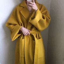 Зимнее шерстяное длинное пальто, женский кардиган, рукав "летучая мышь", с разрезом, Бандажное пальто, женское,, элегантное, офисное, Женское пальто