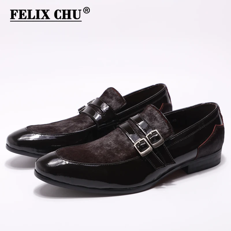 Модные мужские свадебные Лоферы FELIX CHU; модельные туфли с двойной пряжкой для танцев и вечеринок; повседневные мужские туфли из лакированной кожи с конским волосом