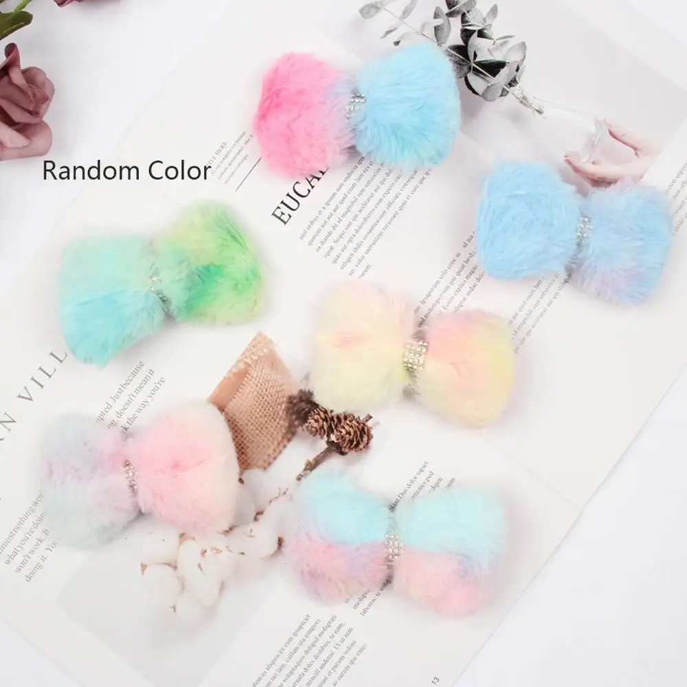 

6PCS Baby Girl Bowknot Faux Rabbit Fur Rhinestone Hair Clips Diamond Shine Hairpin Plush Barrettes Kids Headwear Bebes Accesorio