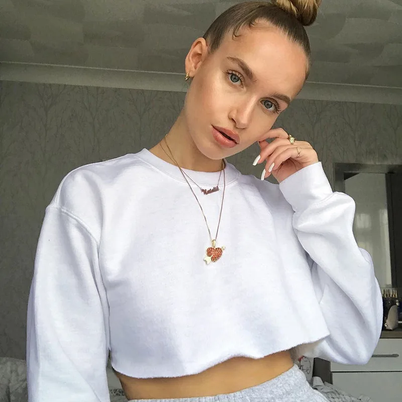 

Fall Autumn Womens Clothing Solid Color Crop Top Hoodie Pullover Sweatshirt Plain Hip Hop Streetwear Polerones Mujer WHT6820W06