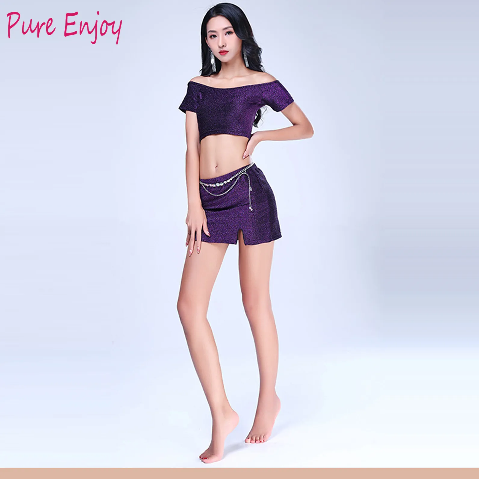 Women belly dance Team Dance Outfit Oriental Dance Practice Clothes Show round neck short skirt 2pcs dance suit 4 colors - Цвет: Фиолетовый