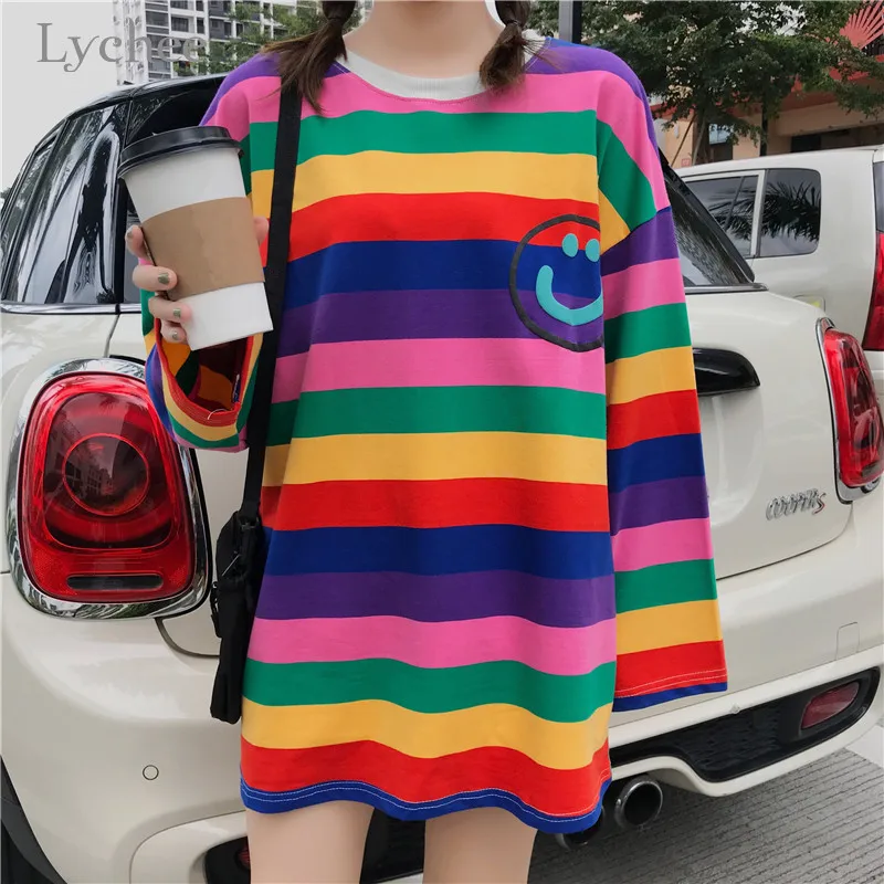 Lychee Harajuku/женская футболка в радужную полоску с принтом улыбки, свободная футболка с круглым вырезом, женские пуловеры, топы, повседневные весенние женские футболки, футболки
