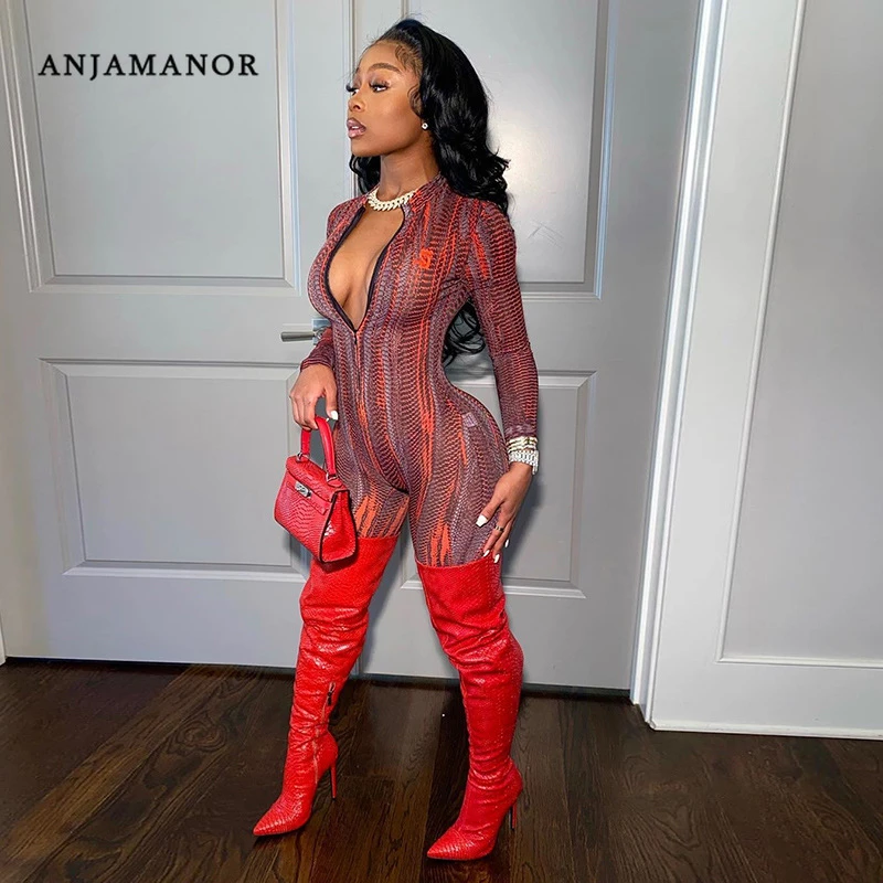 Anjamanor Women Sexy Jumpsuit And Romper Clubwear One Piece Outfit Fashion Print Front Zip Long Sleeve Bodycon Playsuit D70 Be17 Jumpsuits Aliexpress