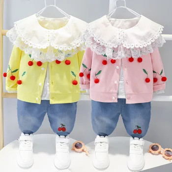 

Baby girl clothes autumn new lace blouse children three-piece cherry cardigan cute suit jeans girls 0-4 years old fashion suit
