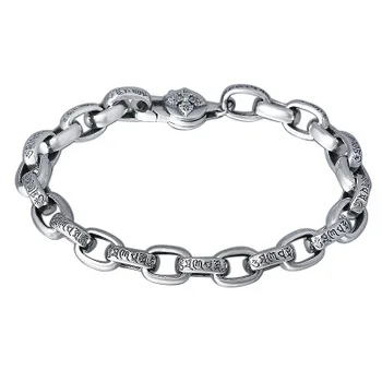 

925 Sterling Silver Jewelry Men Women Ethnic Heart Sutra Vajra Chain Bracelet Bangle
