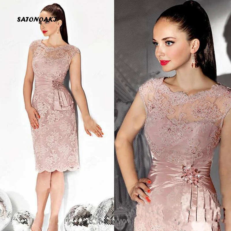 

SATONOAKI Lace Appliques Mother Dress Knee Length Beaded Evening Dress Mother of the bride Dresses For Wedding robe de mariee