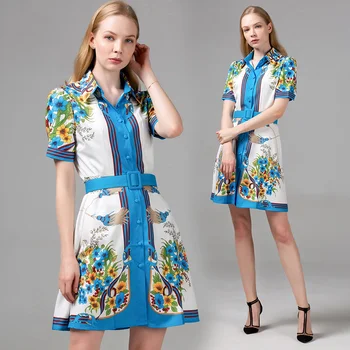

2020 Summer Runway Dress Women's Retro Striped Short Sleeves turn down Bow Digital Printing Casual Long Shirt Dress