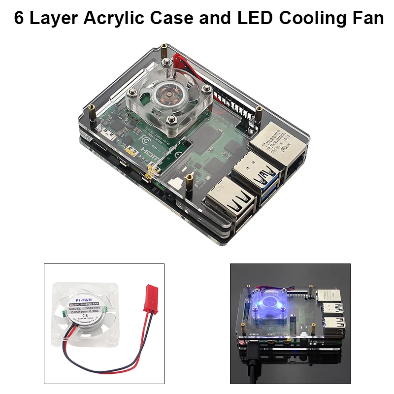6 слоев Raspberry Pi 4 акриловый чехол прозрачный корпус с светодиодный вентилятор охлаждения подходит для Raspberry Pi 4 Модель B корпус