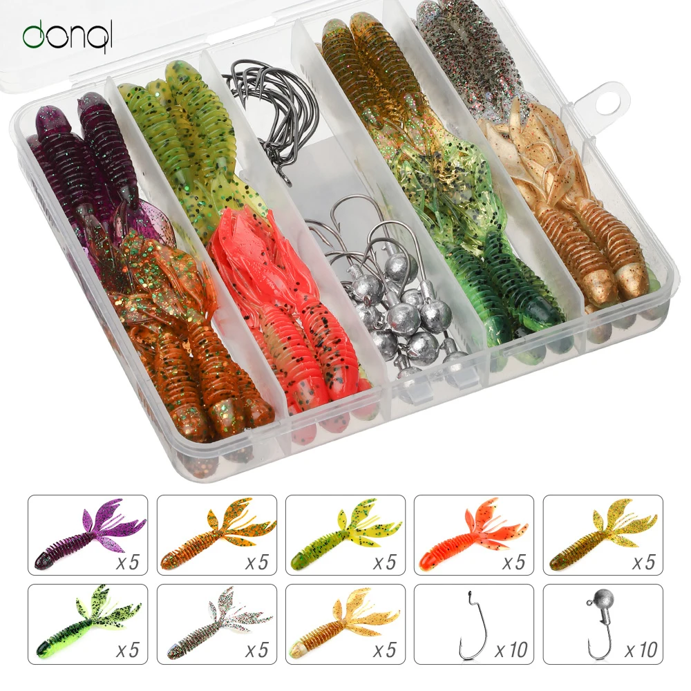 

DONQL 40Pcs Silicone Fishing Soft Lure 2.4g 75m Artificial Worm Fork Tail Swimbait Fishy Smell Bait 20 Pcs Fishhook Fishing Lure