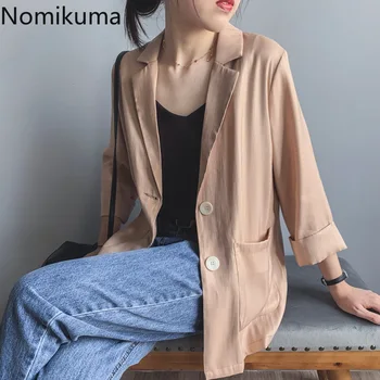 

Nomikuma 2020 Spring Summer Thin Blazers Coat Korean Notched Collar 3/4 Sleeve Office Jackets Korean Slim Blazer Feminino 3Z188