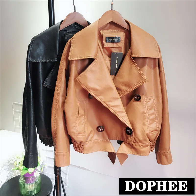 

Women Loose Leather Jacket Simple Bat Sleeve Motorcycle Faux Leather Jacket Double-breasted Large Lapel Short Jacket Coats