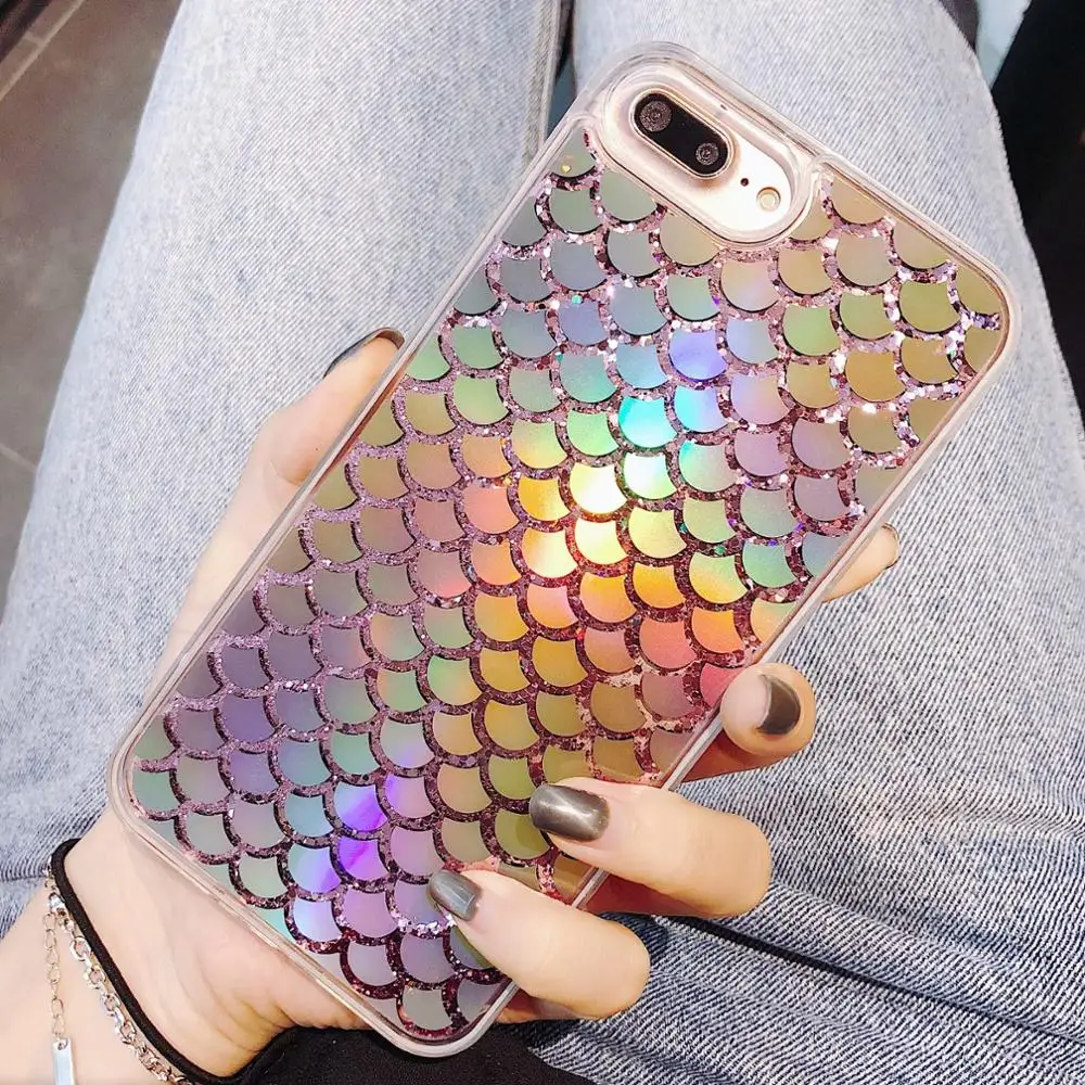 Dynamic Quicksand Phone Case for iPhone 11 Pro 6S 7 8Plus XR XS Max SE 2020 Cases Laser Mermaid Fish Scales Glitter Shinny Cover | Мобильные