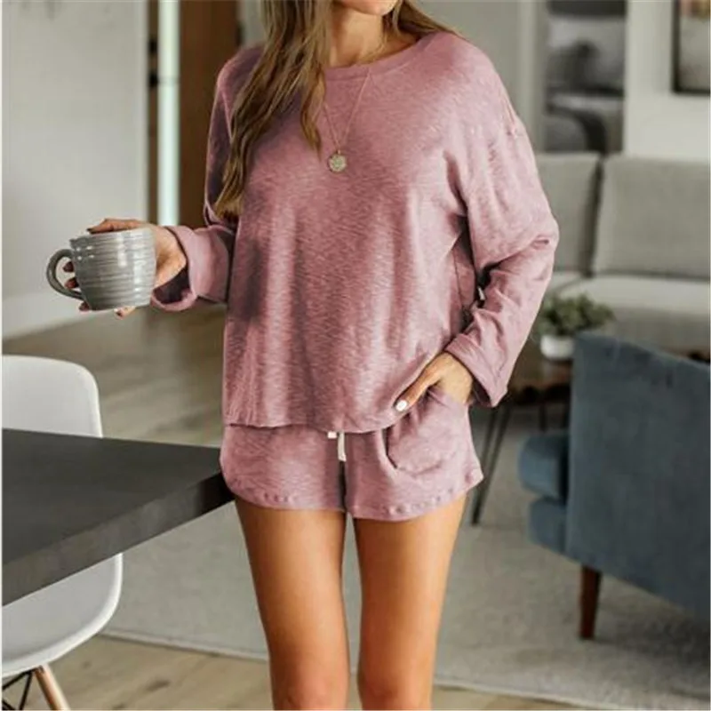 Korean Style Women Clothing Sets New Long Sleeves Tops Shorts Loose Female Home Clothes Costume Suits Pink Blue 2pcs Set | Женская