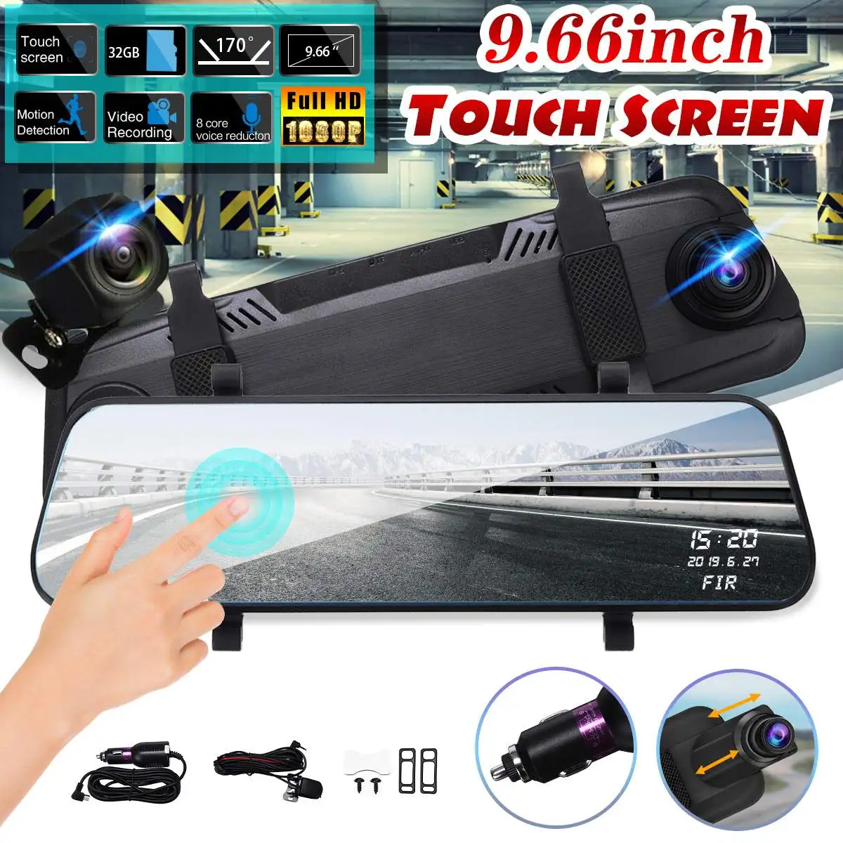 9,6" HD 1080P Автомобильный видеорегистратор с сенсорным экраном автоматический видеорегистратор для автомобиля видеорегистратор Dashcam регулируемая камера в зеркале заднего вида Двойной