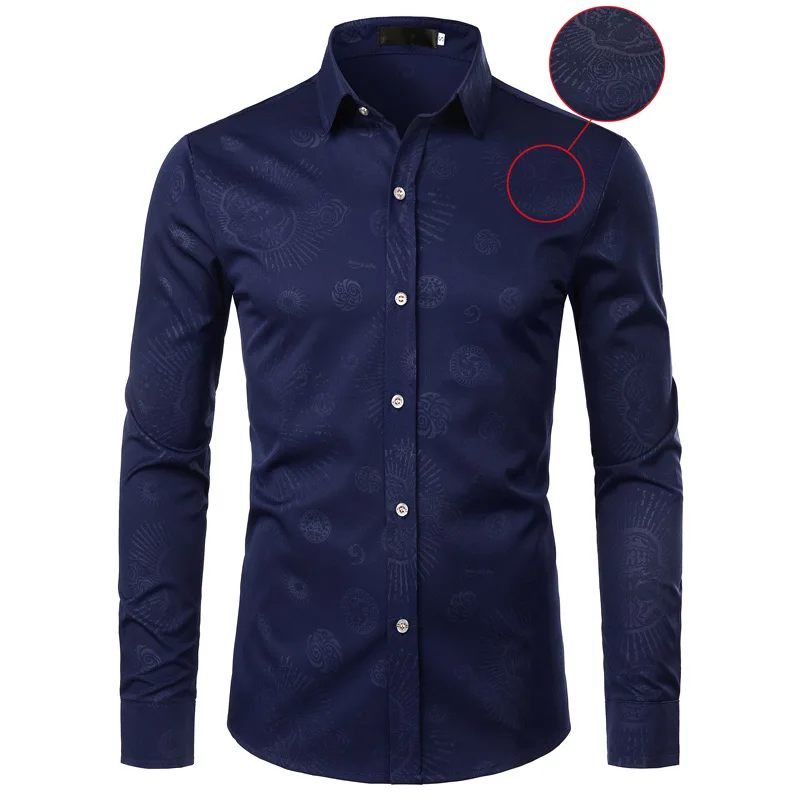 Navy Blue Модная мужская рубашка с цветочным принтом, Весенняя брендовая новинка, мужские нарядные рубашки, повседневные облегающие рубашки с квадратным воротником, Social Camisa Masculina Chemise Homme - Цвет: Navy Blue