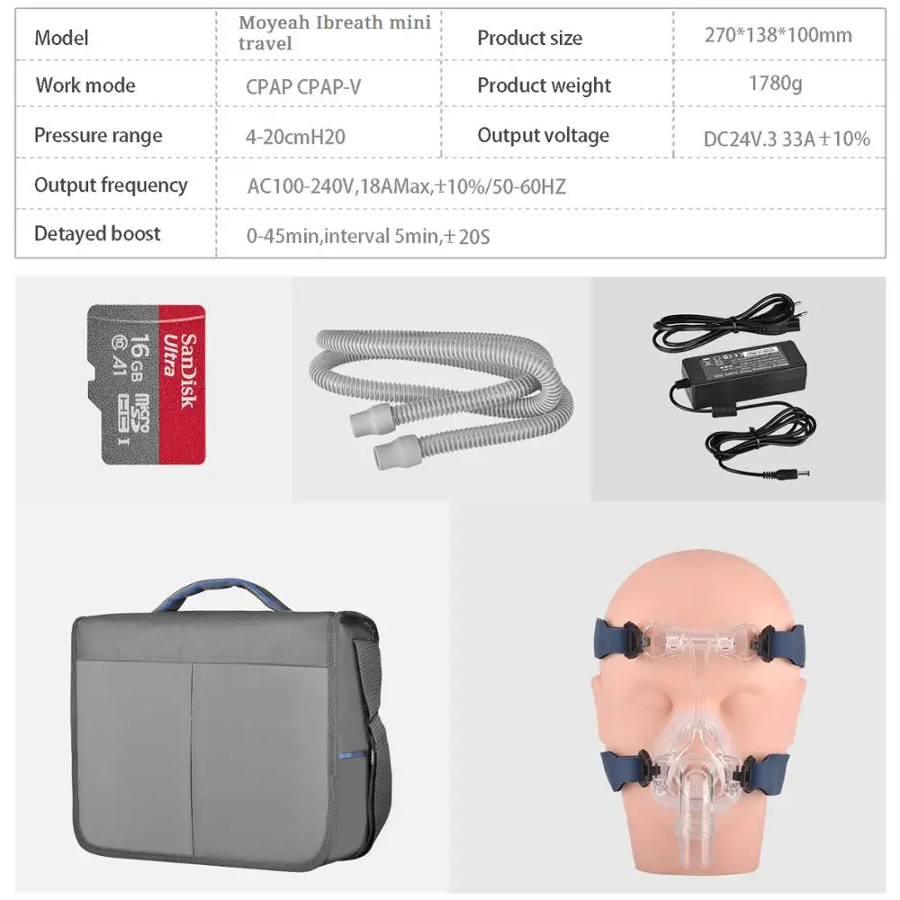 MOYEAH Мини Путешествия CPAP Машина Портативный Анти Храп Cpap медицинский вентилятор с носовой/полный маска трубка 16 Гб Micro SD карта