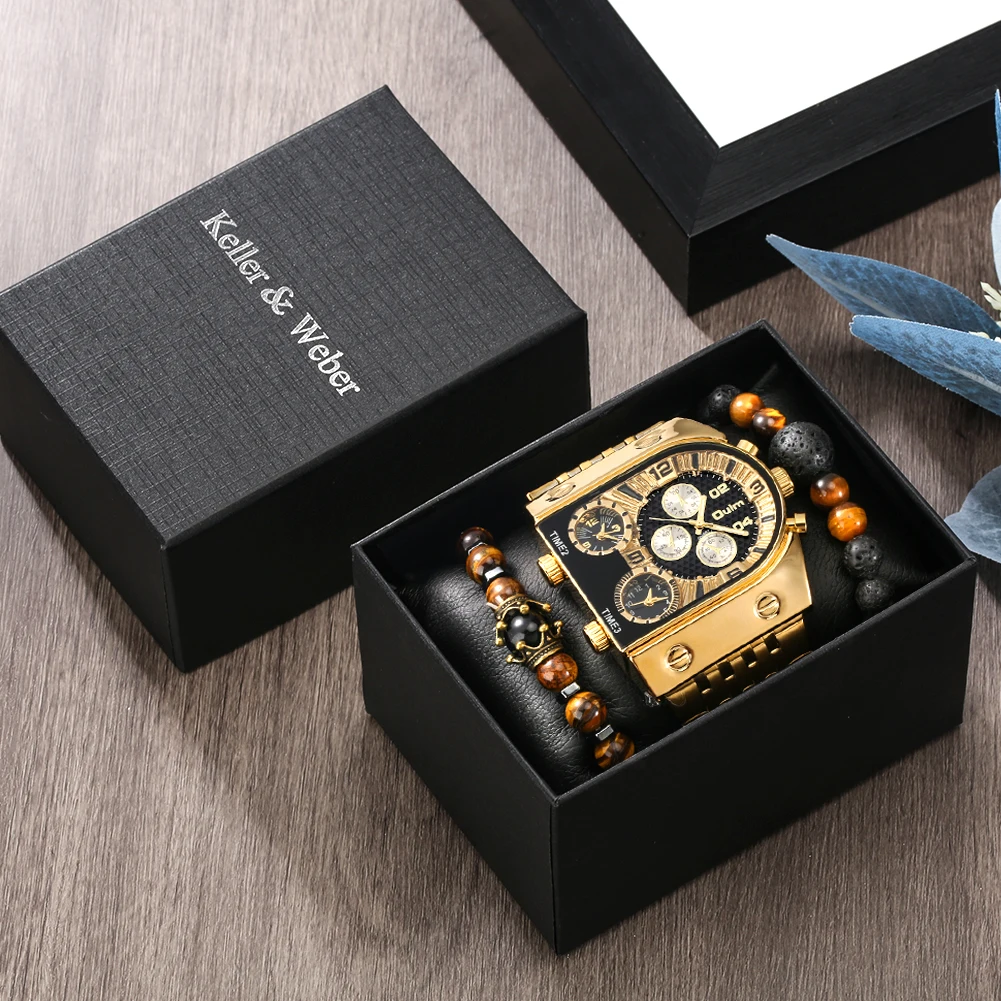 

Роскошные золотые кварцевые часы для мужчин, браслет с бусинами, подарочный набор с коробкой 2024, военные наручные часы с 3 часовыми поясами, мужские часы из нержавеющей стали