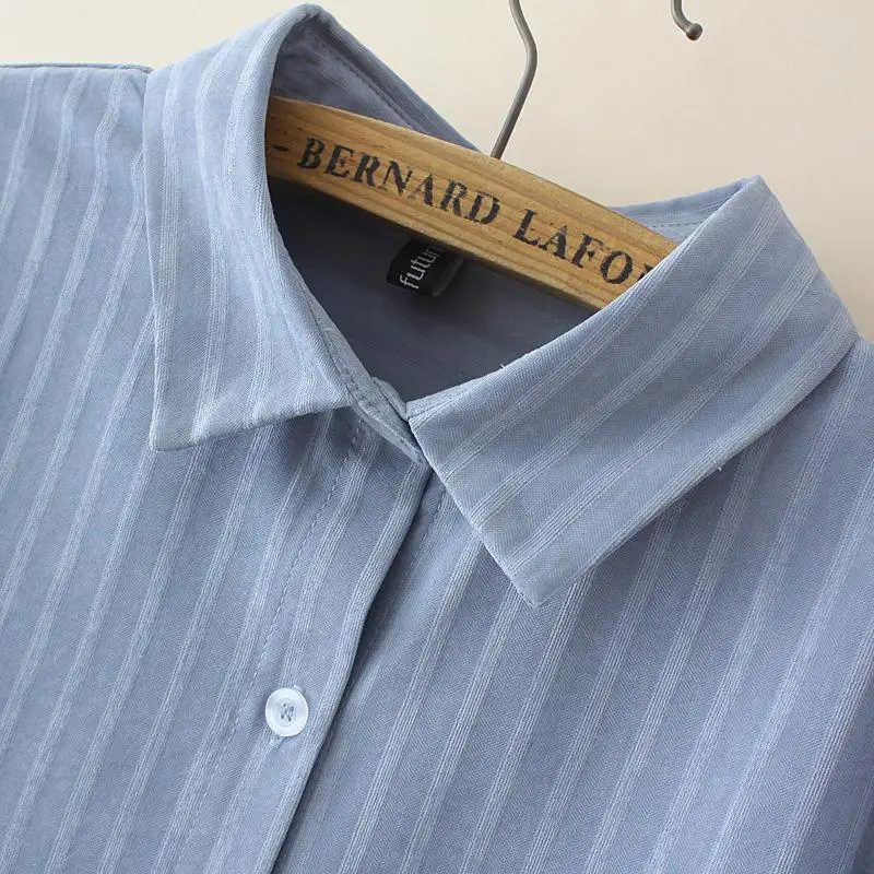 Plus Size Shirts Women Clothing Spring Autumn Loose Lapel Blouses Casual Long Sleeve Hong Kong Style Stripes Tops