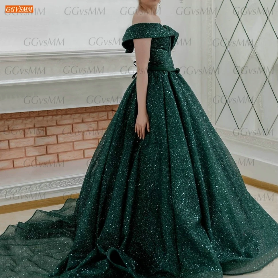 green evening gown Sparkly Green Evening Gowns Off Shoulder Lace Up Ball Gown Women Party Reflective Dresses Long Custom Made 2020 Robe De Soiree party gown for women