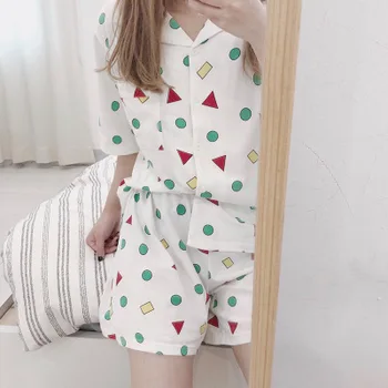 

Crayon Shin-Chan Celebrity Inspired Geometric Printed Knitted Cotton Pajamas Short-Sleeved Suit Lapel Girl's Leisure Set homwear