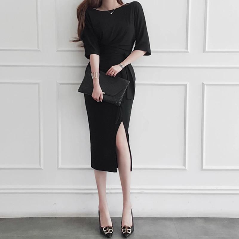 Solid Brief Autumn Dress Women Black Casual Elegant Dress Ladies Ropa Mujer Women Half Sleeve Corset Split Bodycon Wrap Dress